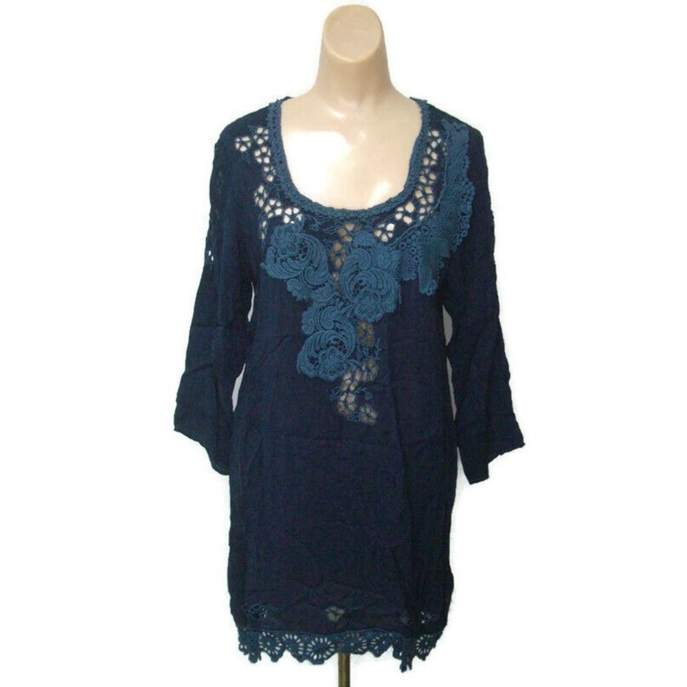 Johnny Was Women Size Small Dress Lace Blue Tunic 3/4 Sleeve Scoop Neck